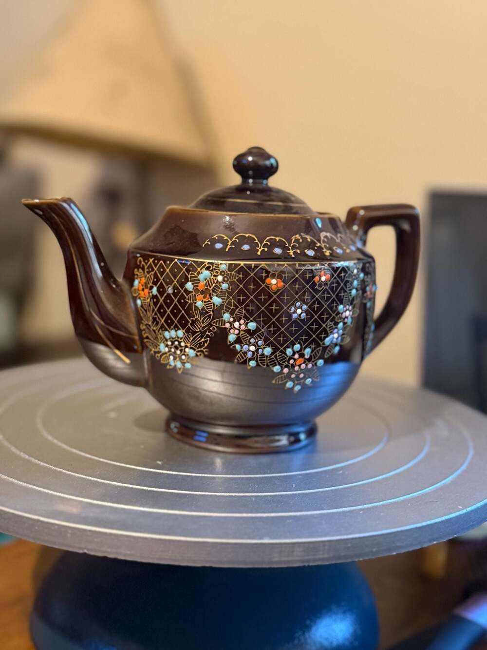 Vintage Japanese Brown Redware Teapot with Floral Moriage Enamel and Gold Trim